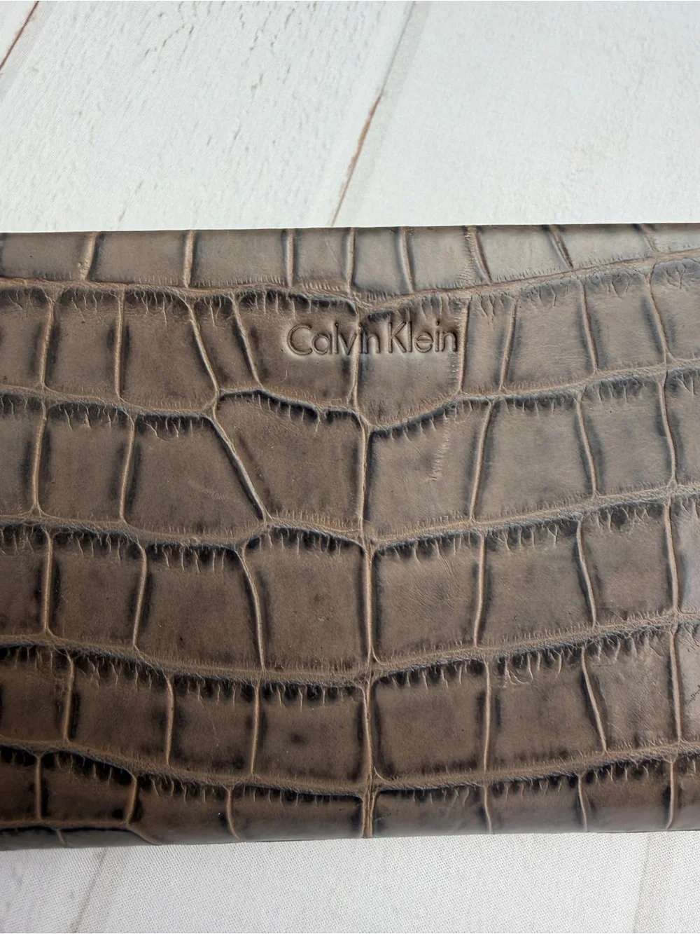 Calvin Klein Croc Embossed Clutch Bag Brown Gray Portfolio Handbag